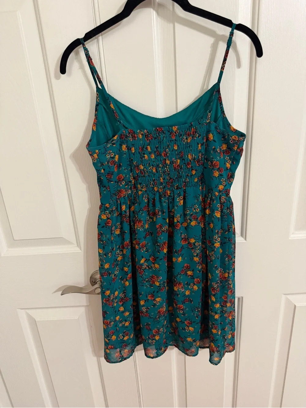 Arizona Jean Co M Teal Floral Lace Trim Dress Smocked Back Cottagecore
